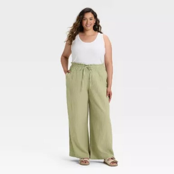 New, High-Rise Wide Leg Pull-On Pants by Universal Thread, Olive Green, Size L - Picture 1 of 9